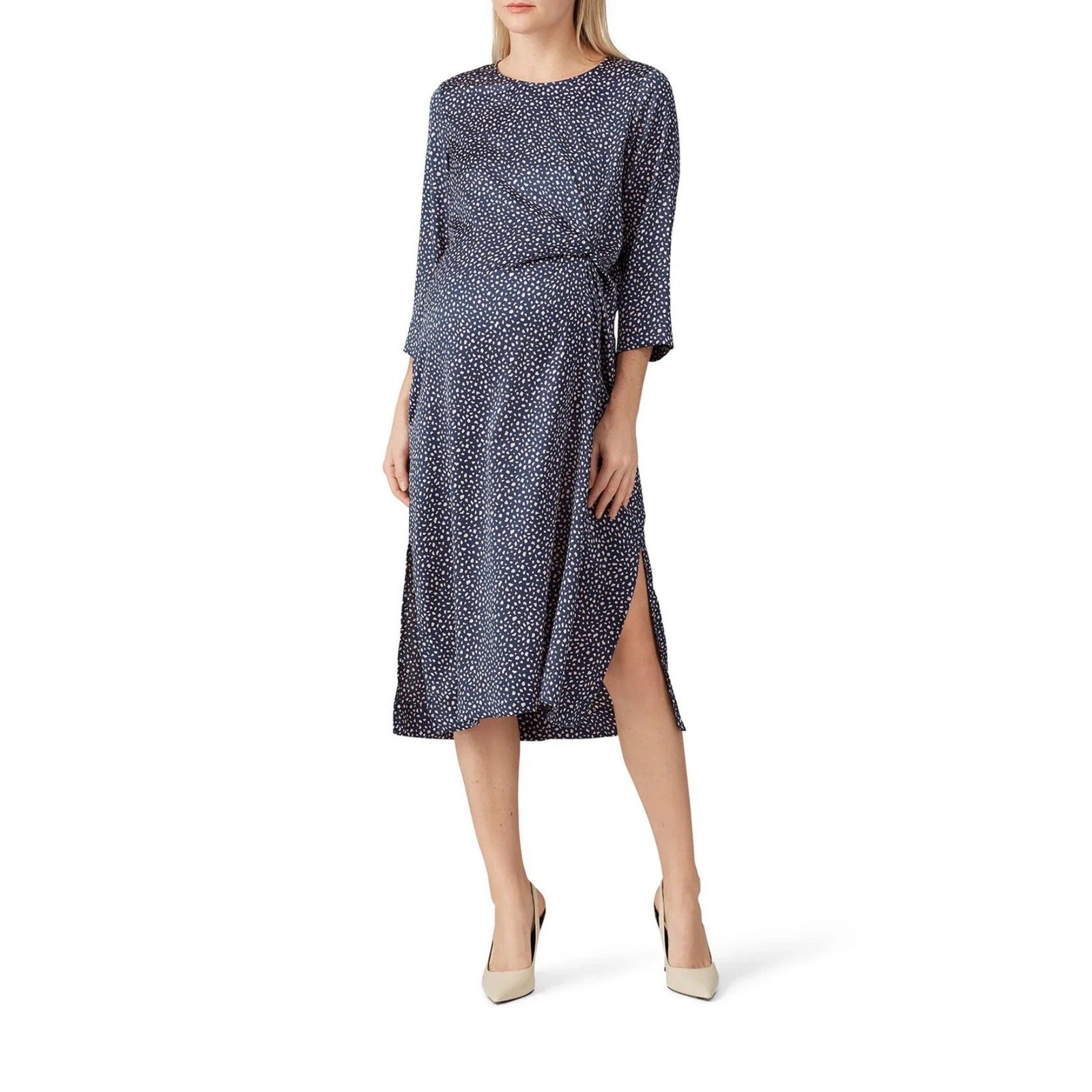 Hatch Maternity The Lauren Dress Navy Blue Cheetah Print Midi Side Slit Casual